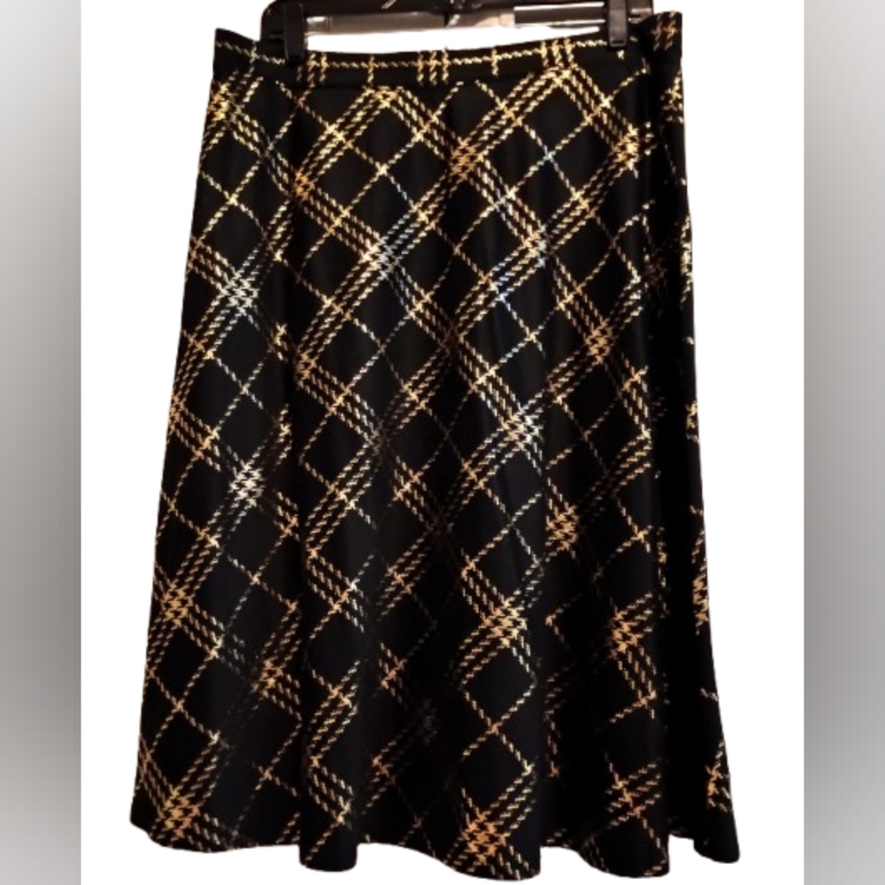 Laura Scott Black And Gold Houndstooth Plaid A‎ Line Skirt Academia Office Siren - Picture 5 of 10